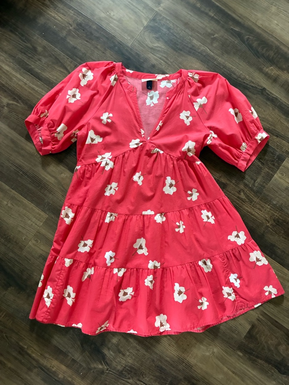 Coral Red Floral Tiered Dress with Pockets